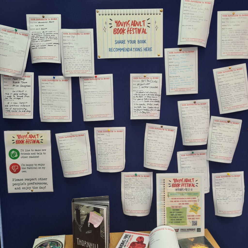 Young Adult Book Recommendations from authors and participants pinned to a dark blue board.