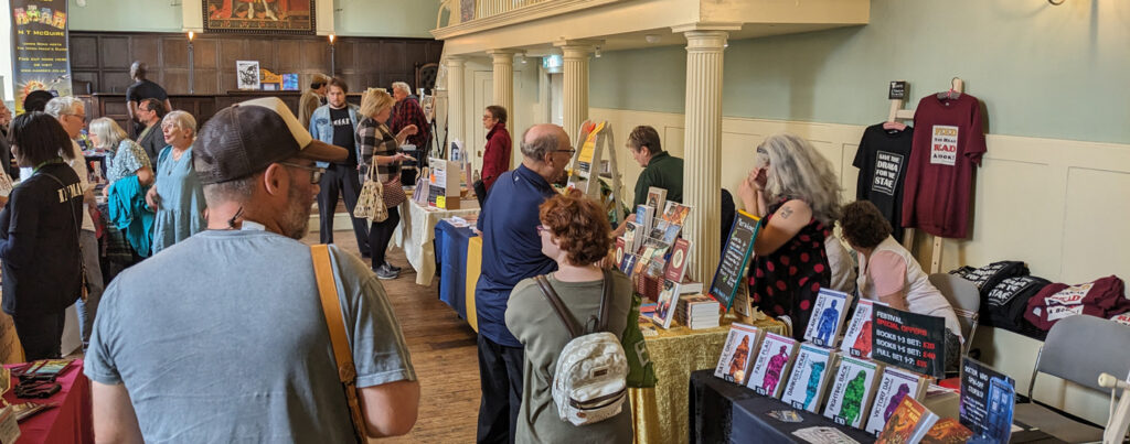 Fringe Book Fair, Foreword Festival 2023. Authors and readers at the Guildhall, Bury St Edmunds.