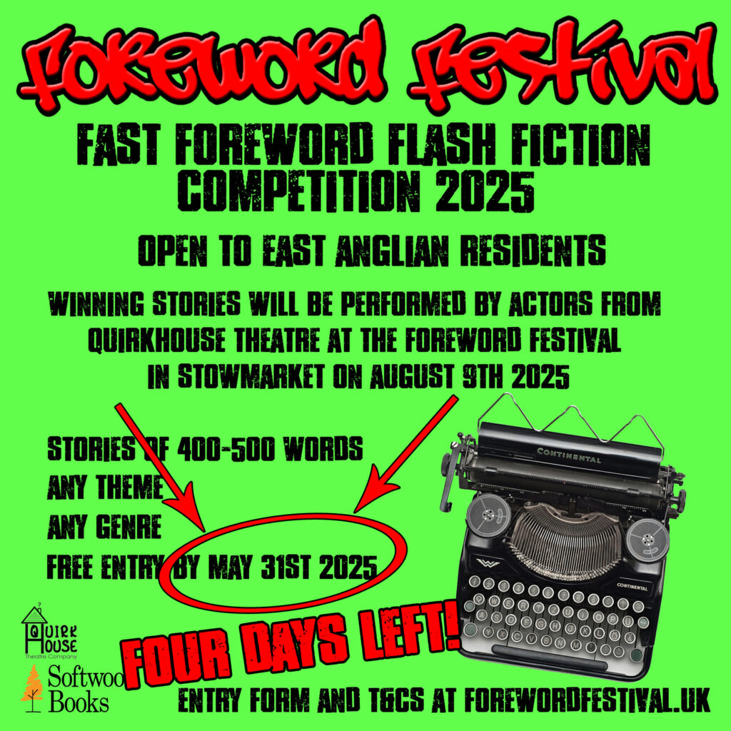 Black text on a green background, with details of the flash fiction competition and the closing date – as in the post text.