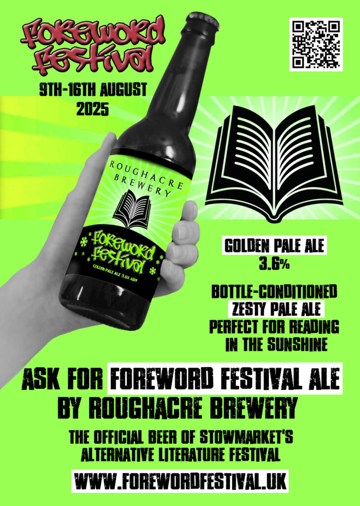 Foreword Festival beer poster, showing a graphic of a hand holding a bottle of our beer, with text describing the beer and the festival.