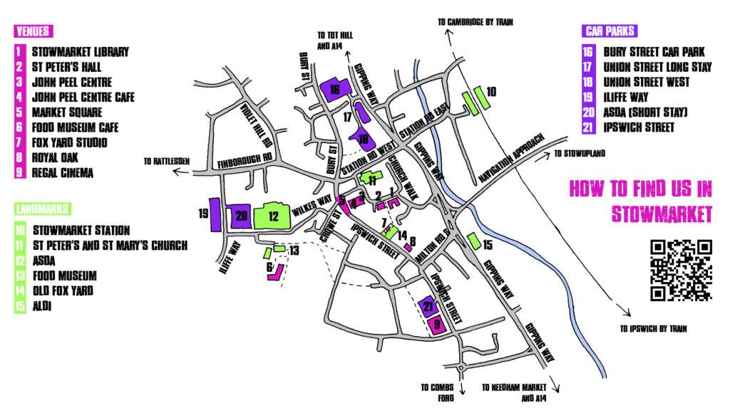 Find our venues! Map of festival venues and parking in Stowmarket.
