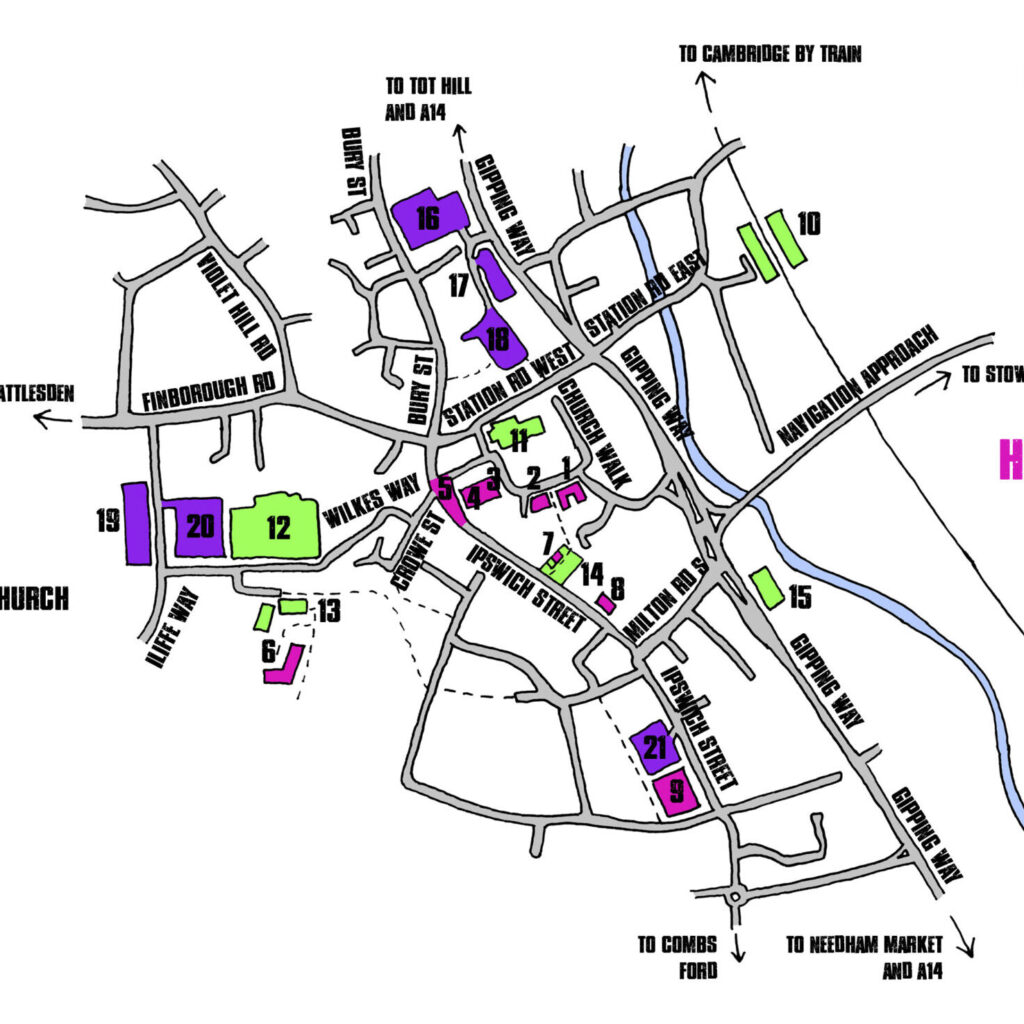 Find our venues. Map of festival venues and parking in Stowmarket